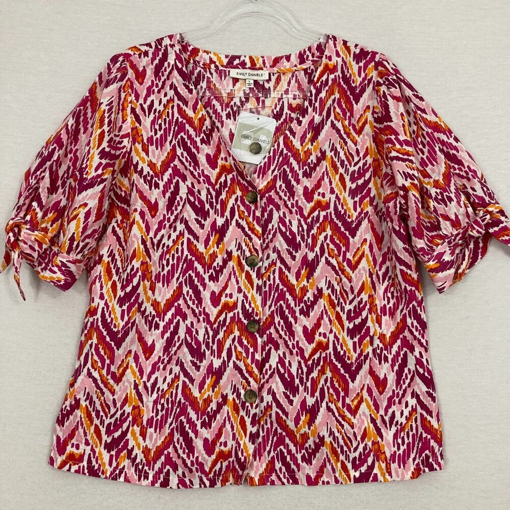 New Emily Daniels Pink Red Chevron V Neck Linen Blend Button Down Large Vacation